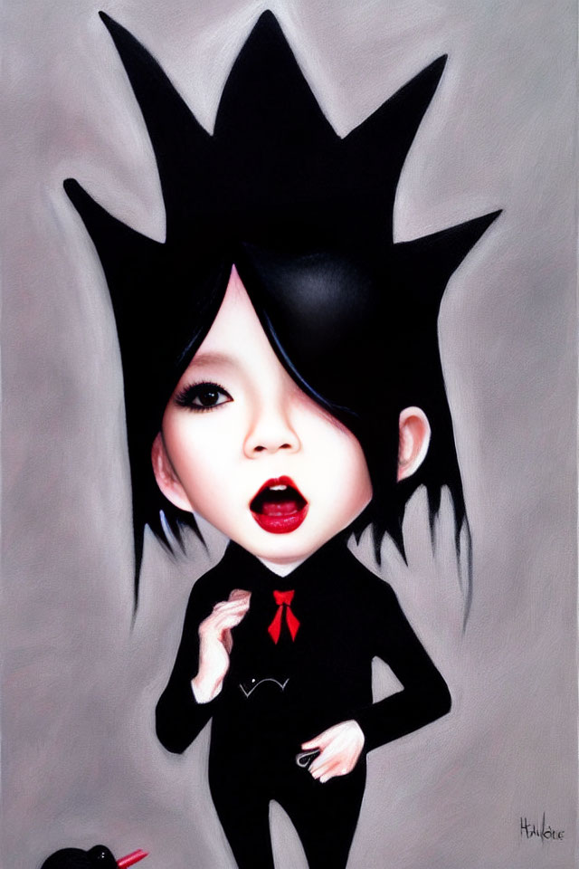Stylized character with large eyes and spiky hair in black outfit with red bow next to