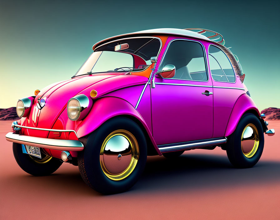 Multicolored Volkswagen Beetle with surfboard on roof rack at sunset
