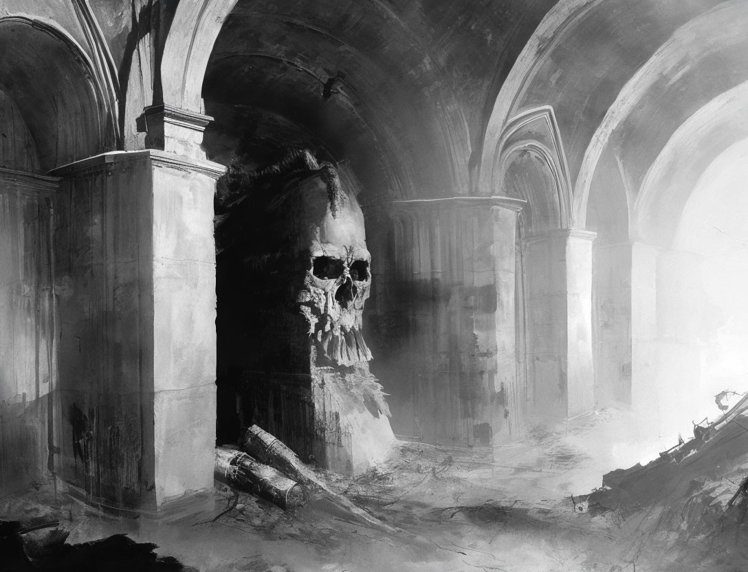 Monochromatic artwork: Colossal human skull in ancient cathedral