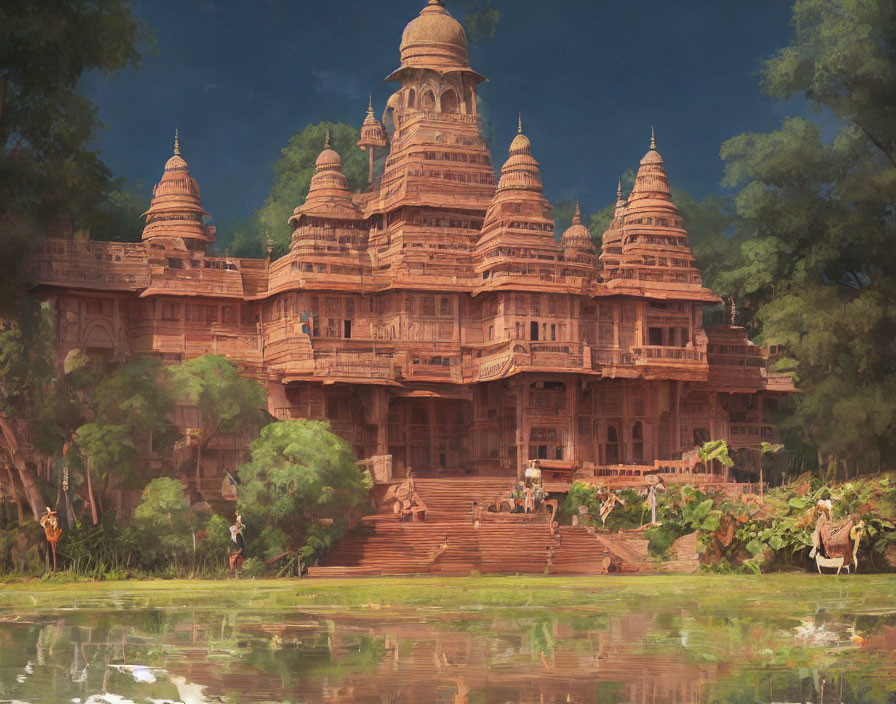 Traditional Indian Temple with Multiple Spires Reflected in Water
