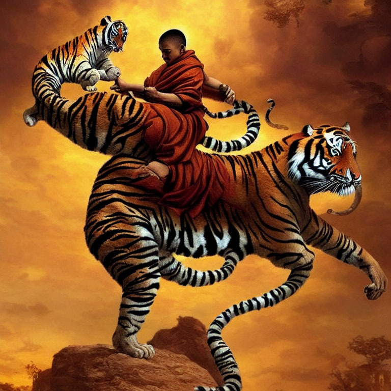 Young monk riding tiger under orange sky symbolizes harmony.