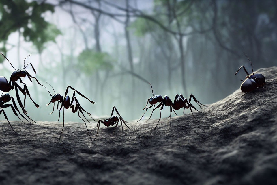 Ants on rock in misty forest: one lying down, others standing