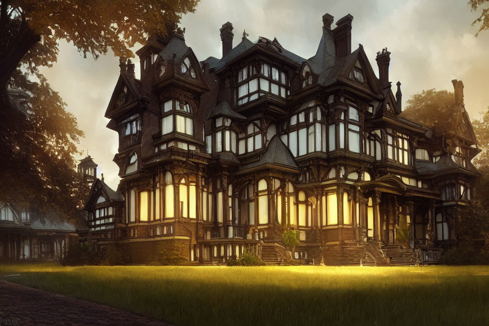 Victorian-style mansion at sunset with warm light and lush greenery