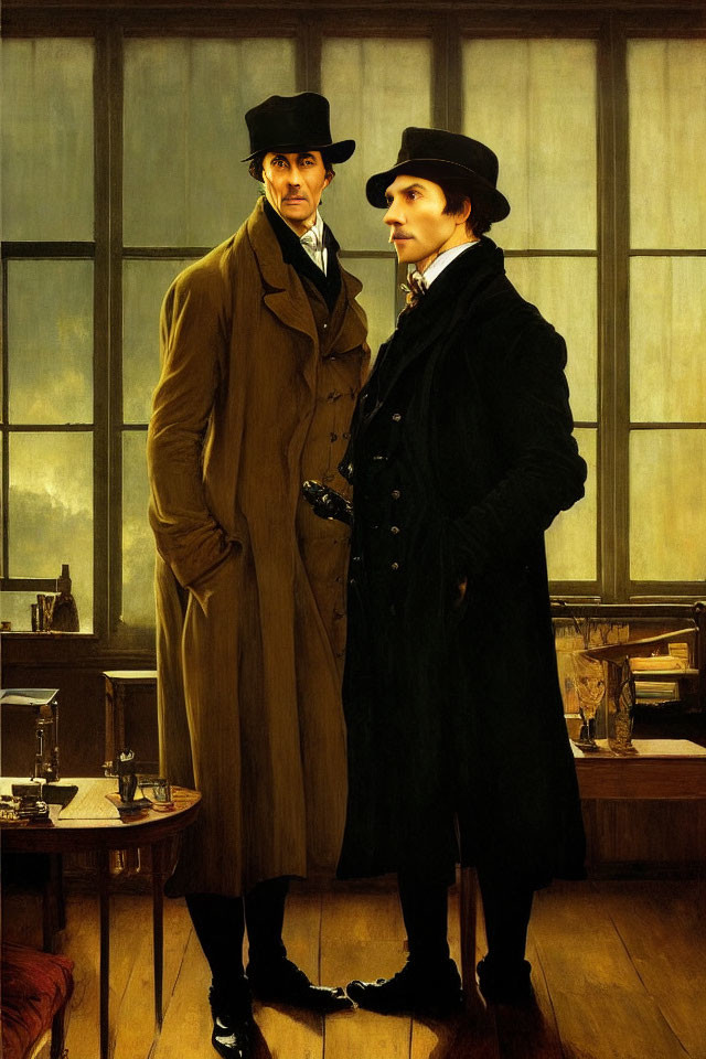 Victorian-era men in different hats standing by windows