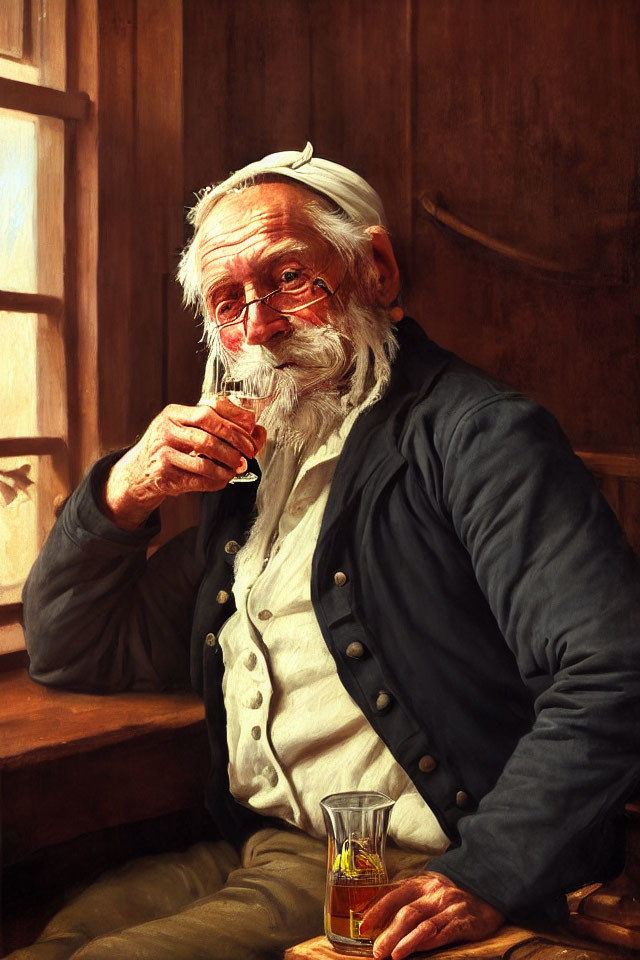Elderly man with white beard sipping from cup on wooden background