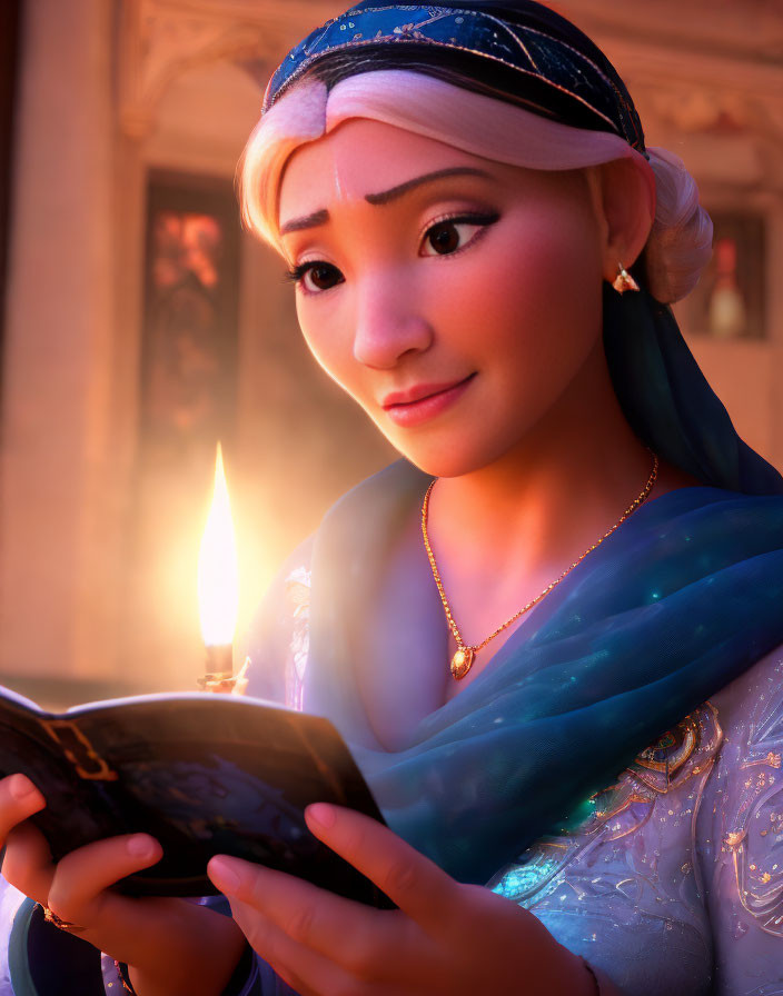 Princess-like animated character reading by candlelight