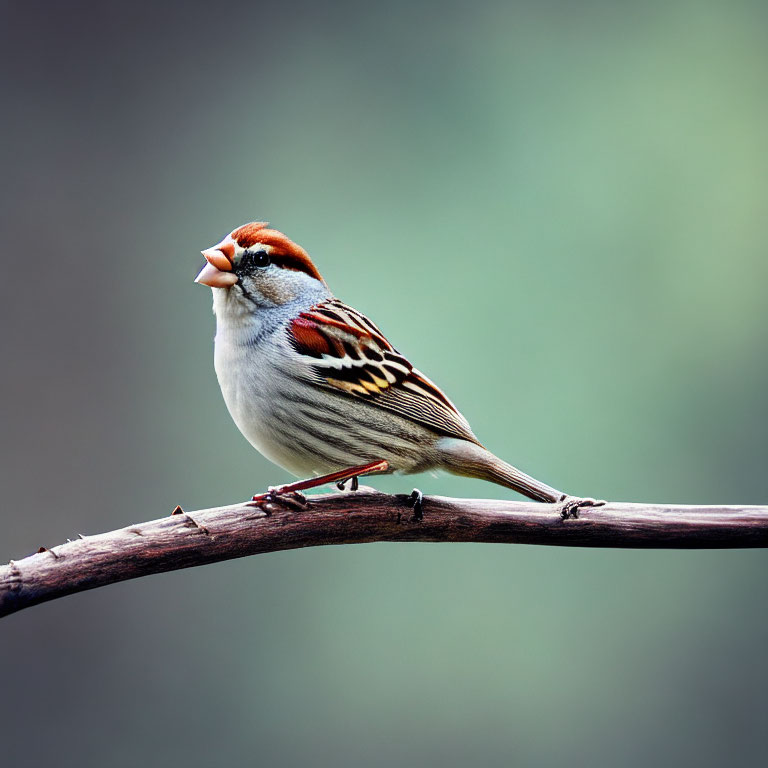 Brown, White, and Black Sparrow Perched on Branch in Green Setting