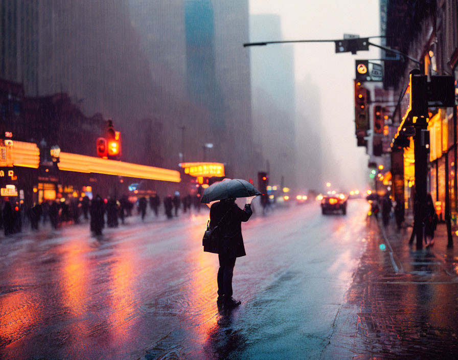 Urban street scene: person with umbrella in rainy city twilight
