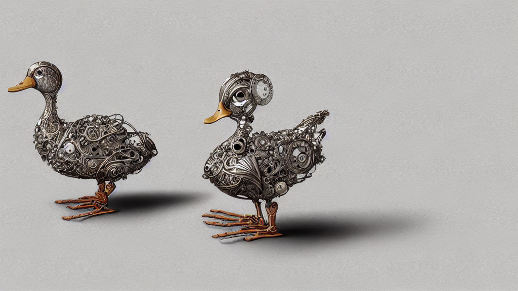 Steampunk-style ducks crafted from gears and mechanical parts on plain background