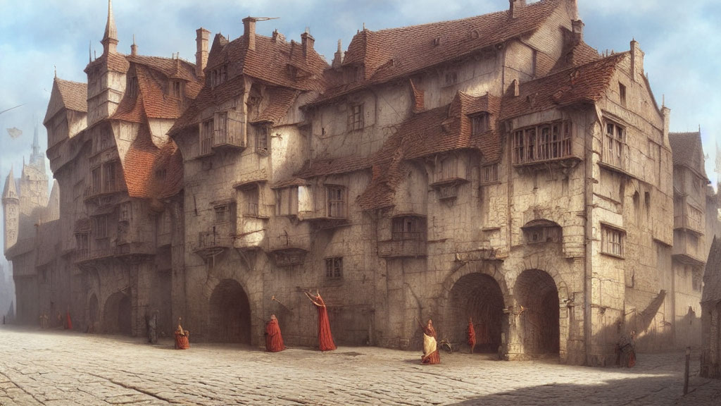 Medieval cobblestone street with people in period clothing and old stone buildings