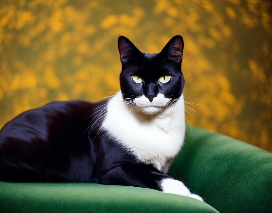 Black and White Cat with Yellow Eyes on Green Surface