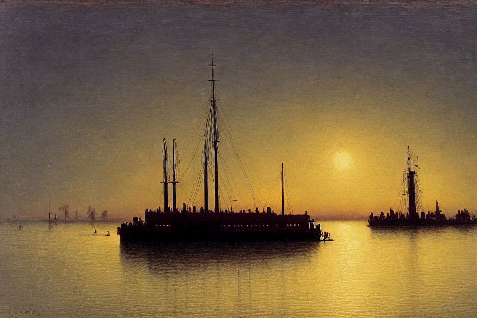 Sunset Seascape with Silhouetted Ships and People in Golden Sky
