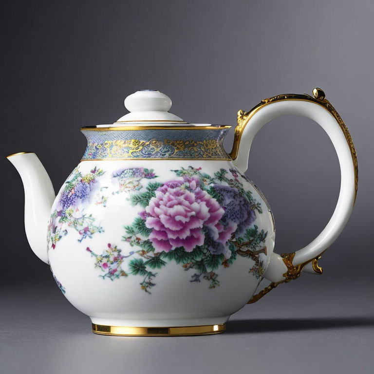 Porcelain teapot with purple peony designs and gold detailing