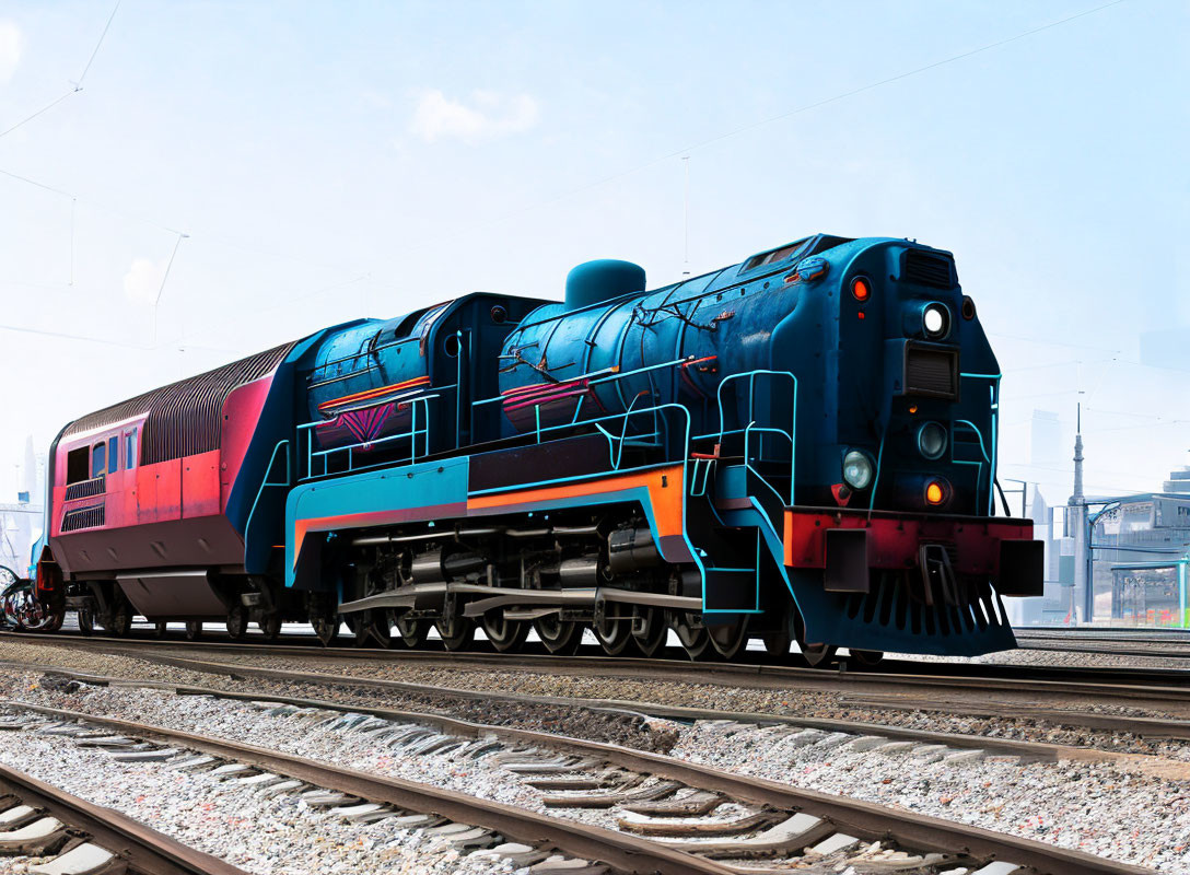 Colorful locomotive and passenger car on railway tracks in industrial setting