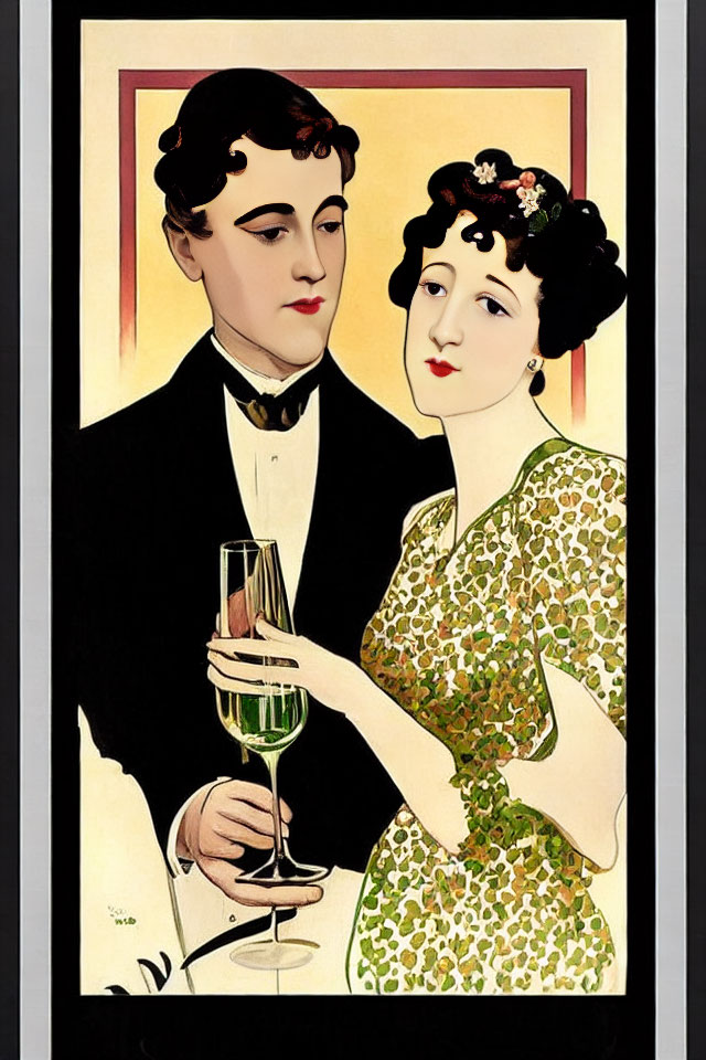 Classic Vintage Illustration: Elegant Couple in Tuxedo and Floral Dress with Champagne Glass