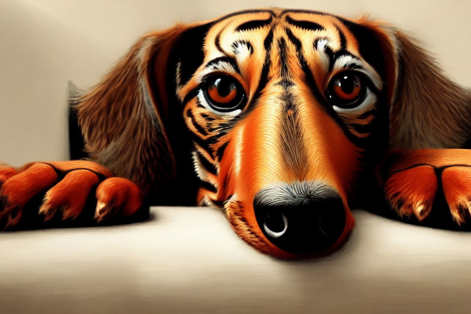 Digitally altered image of a dog painted as a tiger, gazing at the viewer