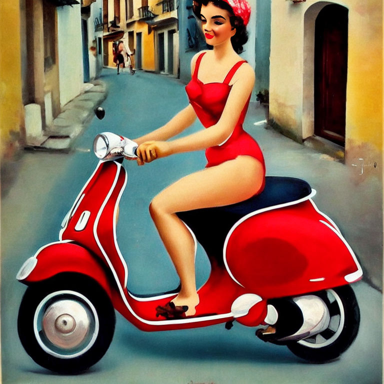 Stylized illustration: Woman in red swimsuit on scooter
