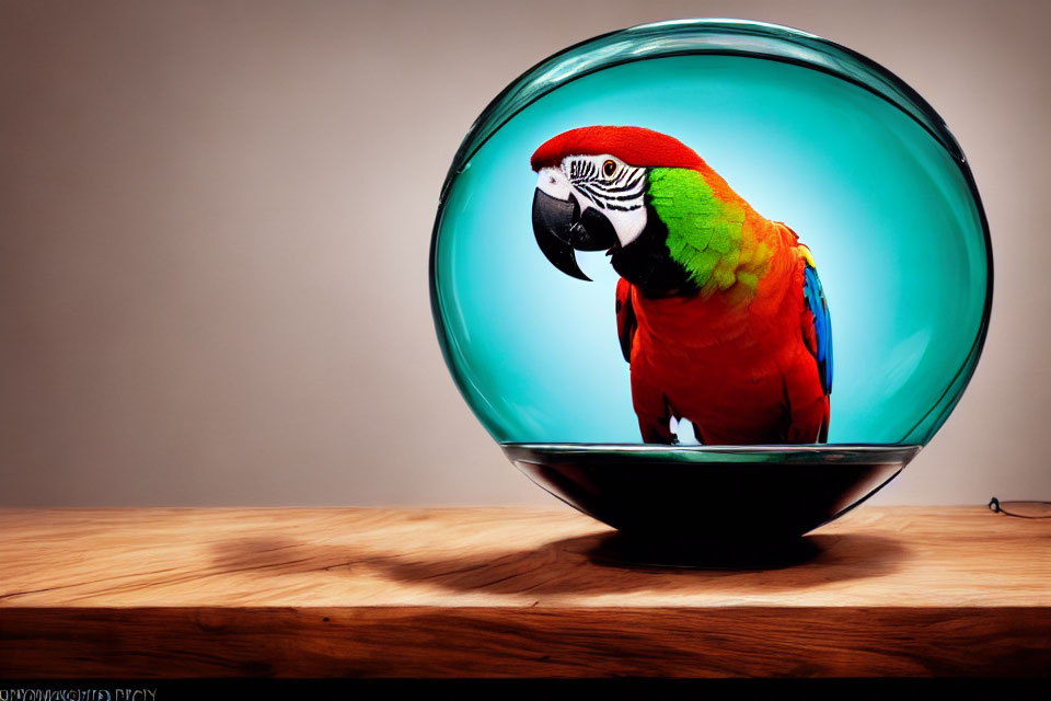 Vibrant parrot in glass bubble on wooden surface