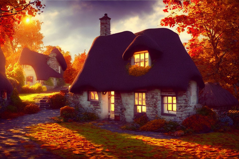 Cozy Thatched-Roof Cottage in Autumn Sunset