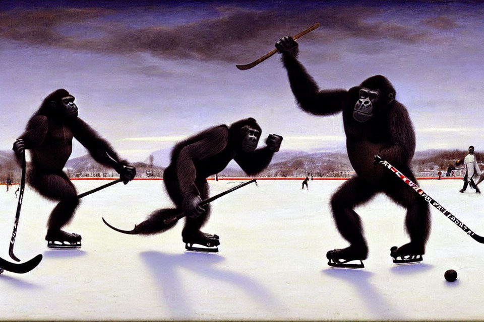 Gorillas playing ice hockey on frozen surface with spectators