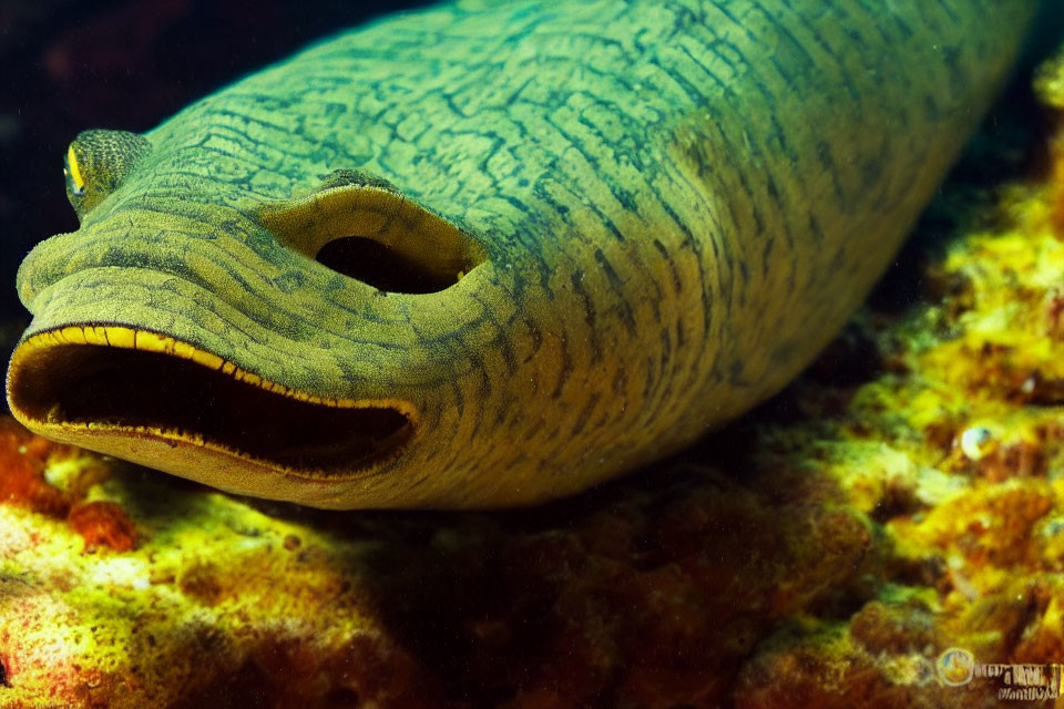 Green Moray Eel with Mouth Open on Vibrant Coral Reef