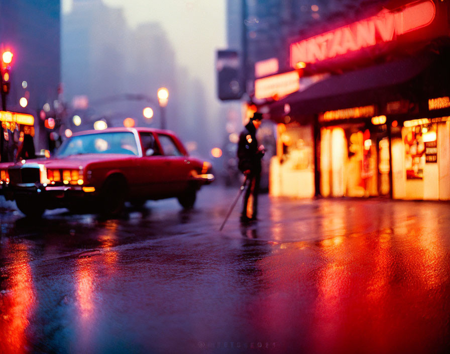 Blurred city scene with red car on wet street at dusk