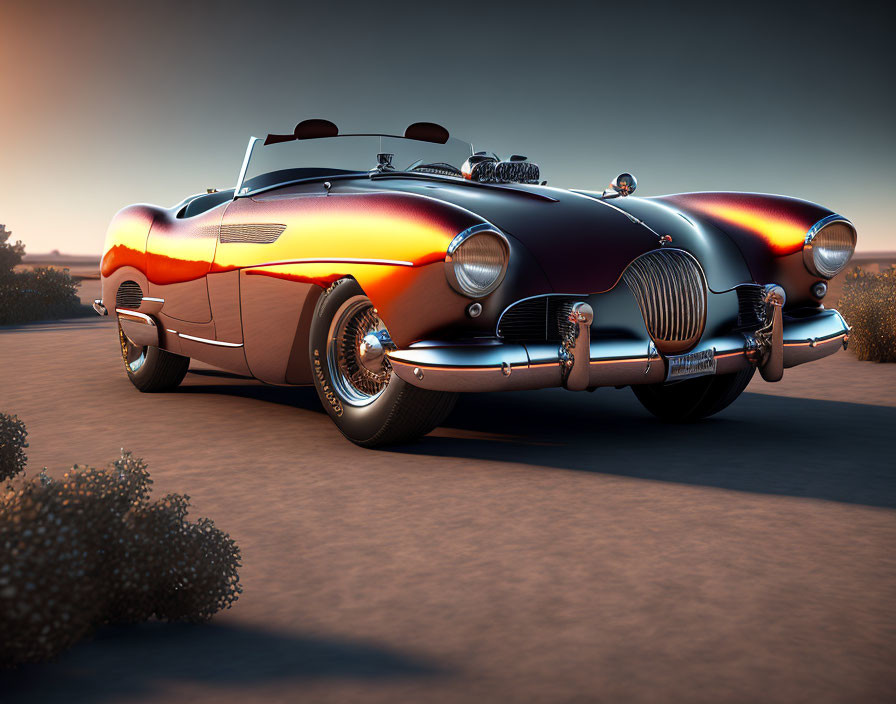 Classic Red and Black Vintage Convertible Car in Desert Sunset