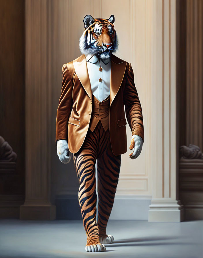 Anthropomorphic Tiger in Brown Suit with White Shirt and Black Tie in Classical Building