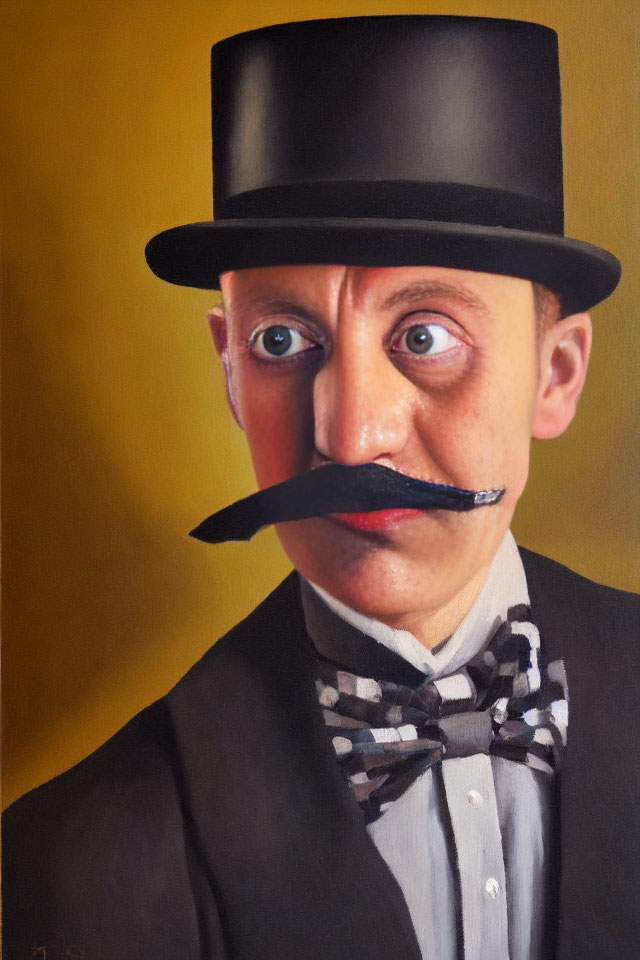 Surreal portrait with top hat, bow tie, and feather mustache