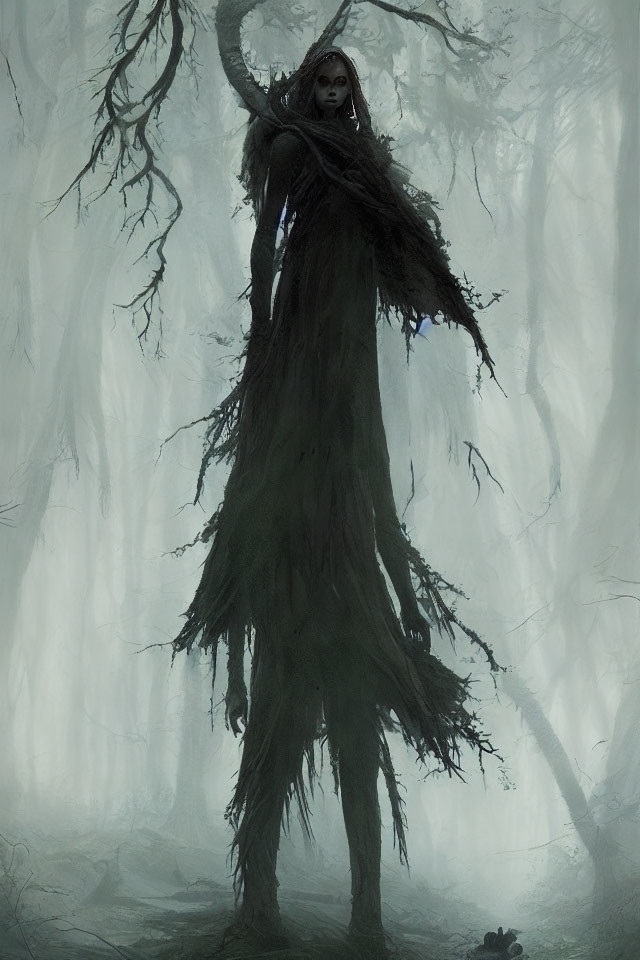Mossy figure in dark garments among twisted trees in foggy forest