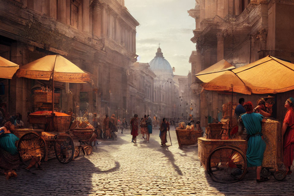 Ancient Roman street scene with bustling market stalls and classic architecture
