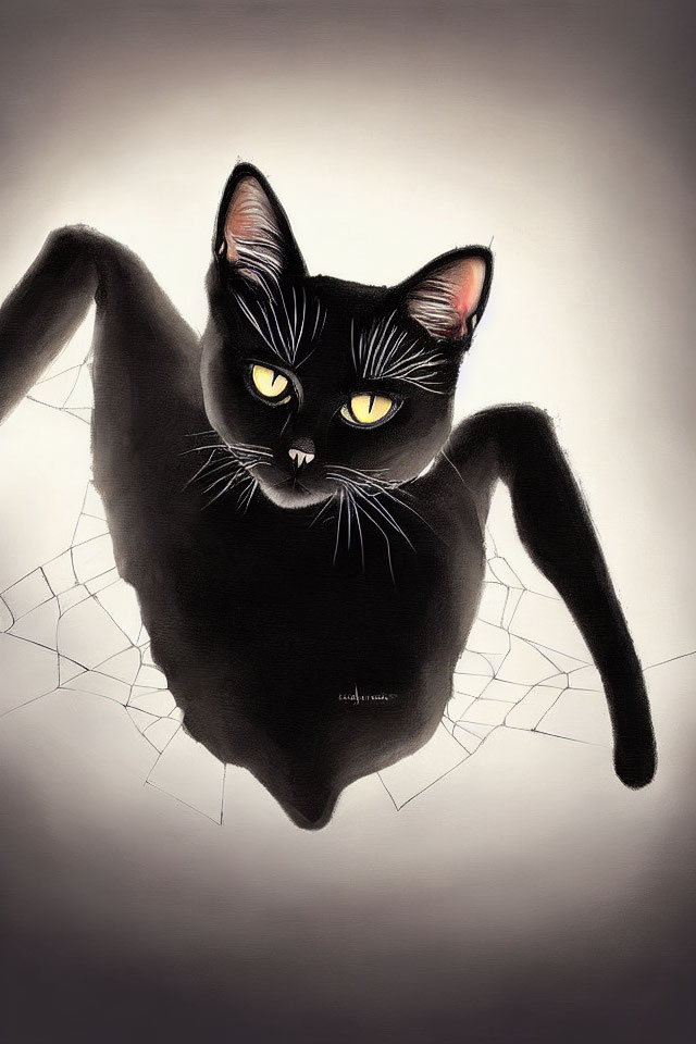 Stylized black cat illustration with yellow eyes and spiderweb accents on gray background