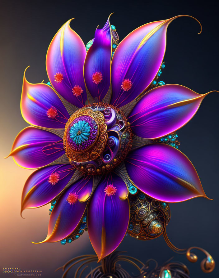 Colorful digital artwork: stylized flower with iridescent purple and blue petals, golden filig