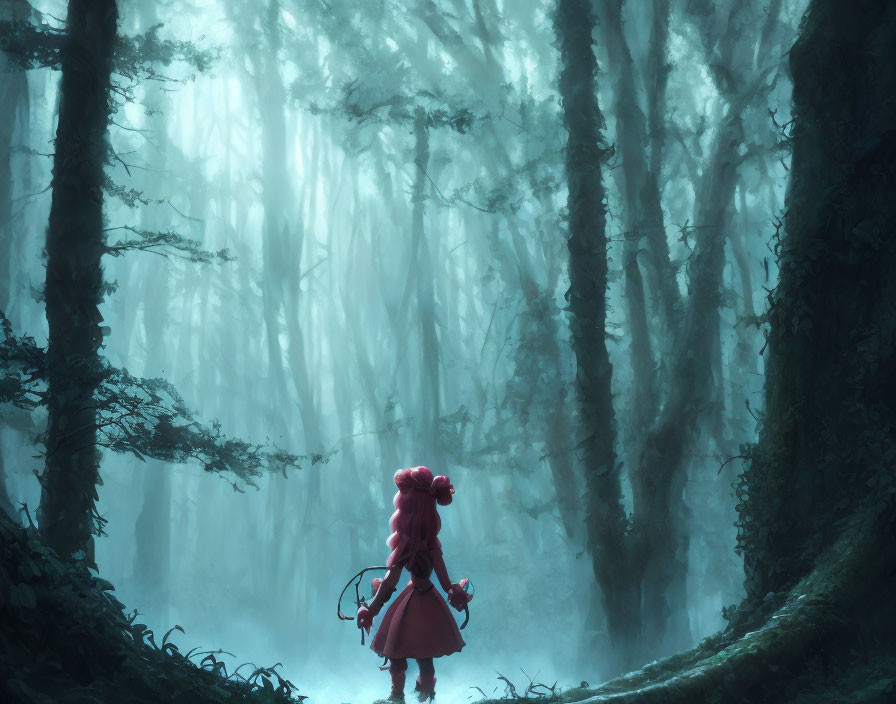 Pink-haired character in red cloak in misty forest with tall trees & blue light.