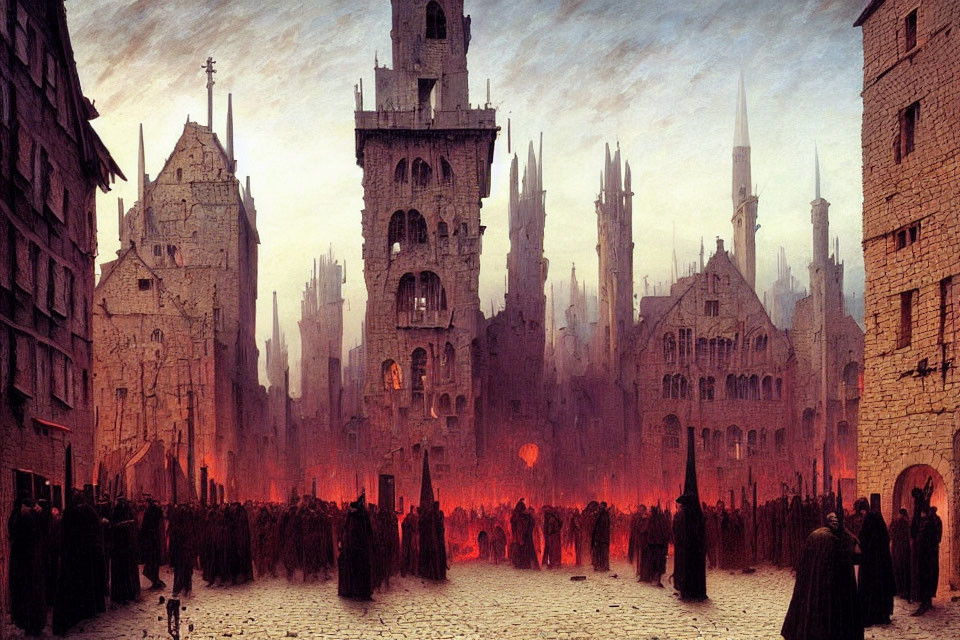 Medieval fantasy city at dusk with gothic structures and robed figures