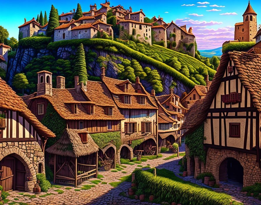 Illustration of medieval village with timber-framed houses, cobblestone paths, and castle on hill