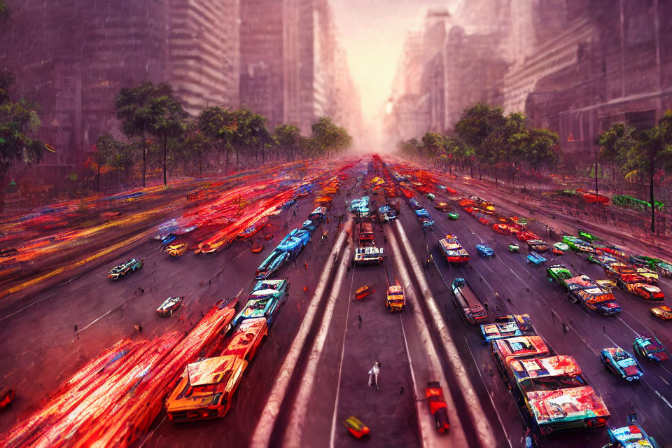 Vividly painted cars in chaotic cityscape at sunset