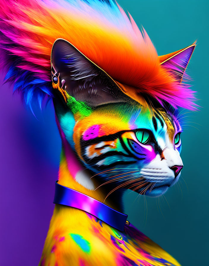 Colorful digital artwork: Rainbow cat with green eye