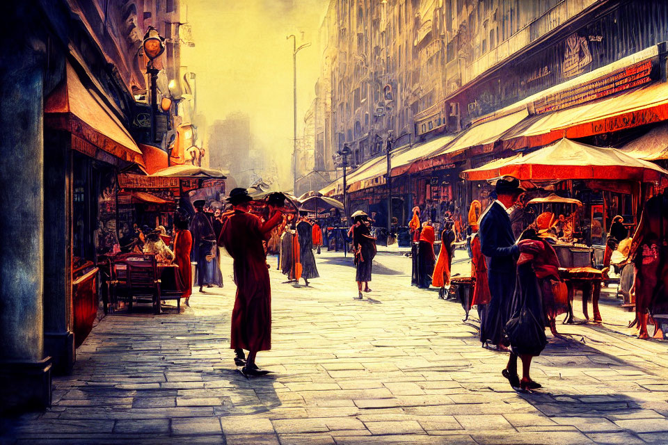 Vintage-themed street scene with pedestrians and vendors under warm sunlight