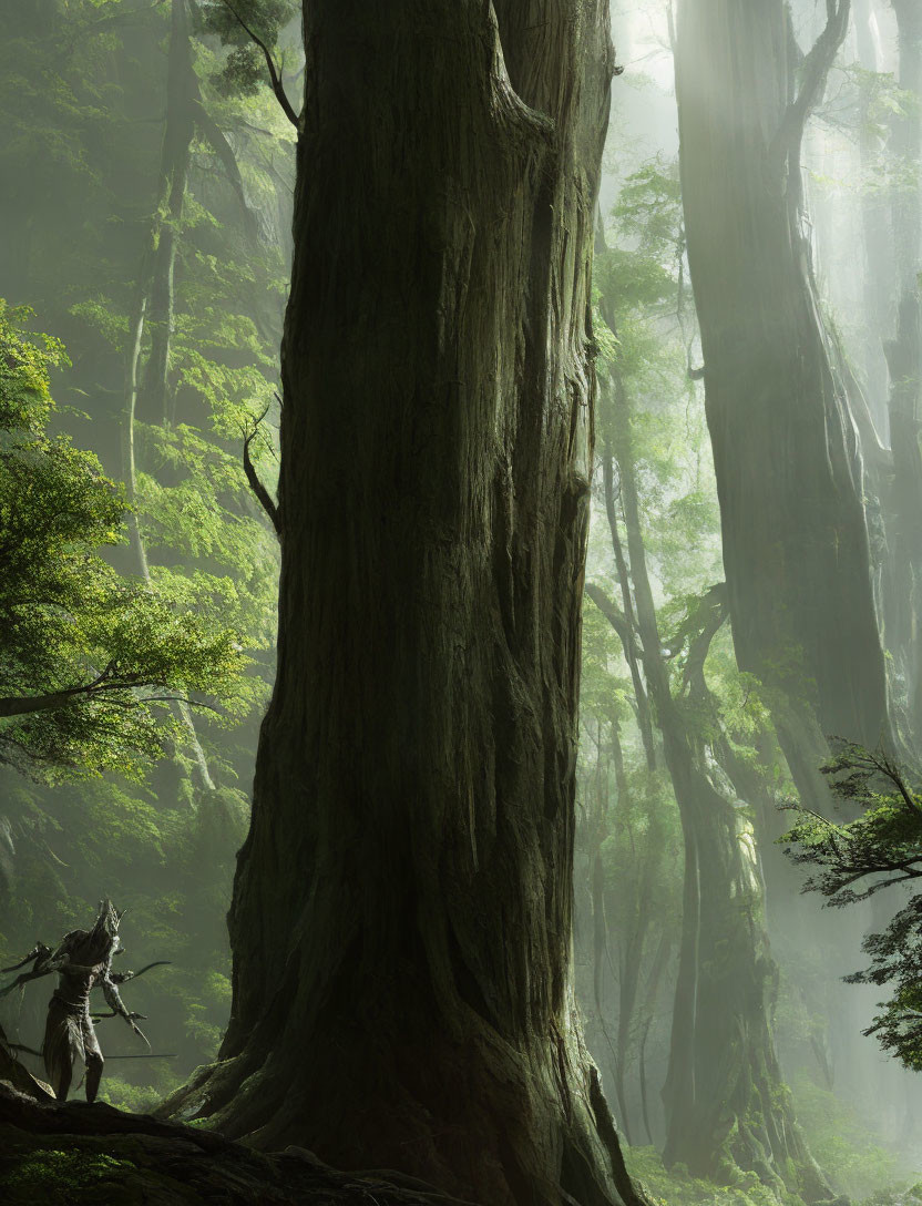 Person in armor in misty sunlit forest with ancient trees