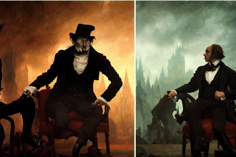 Gothic-themed images of man in vintage clothing against fiery and foggy backdrops