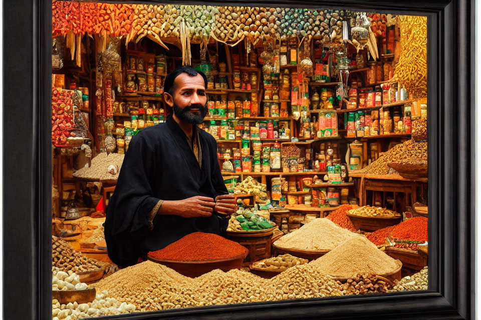 Man at Market Stall with Spices and Dried Fruits