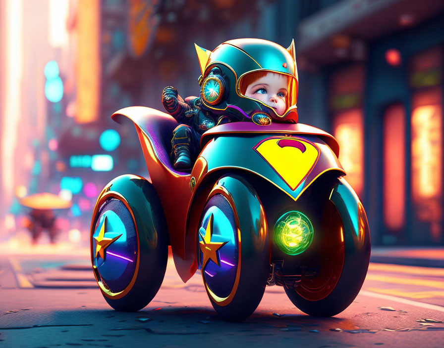 Toddler in superhero outfit on futuristic three-wheeled motorcycle in neon-lit city
