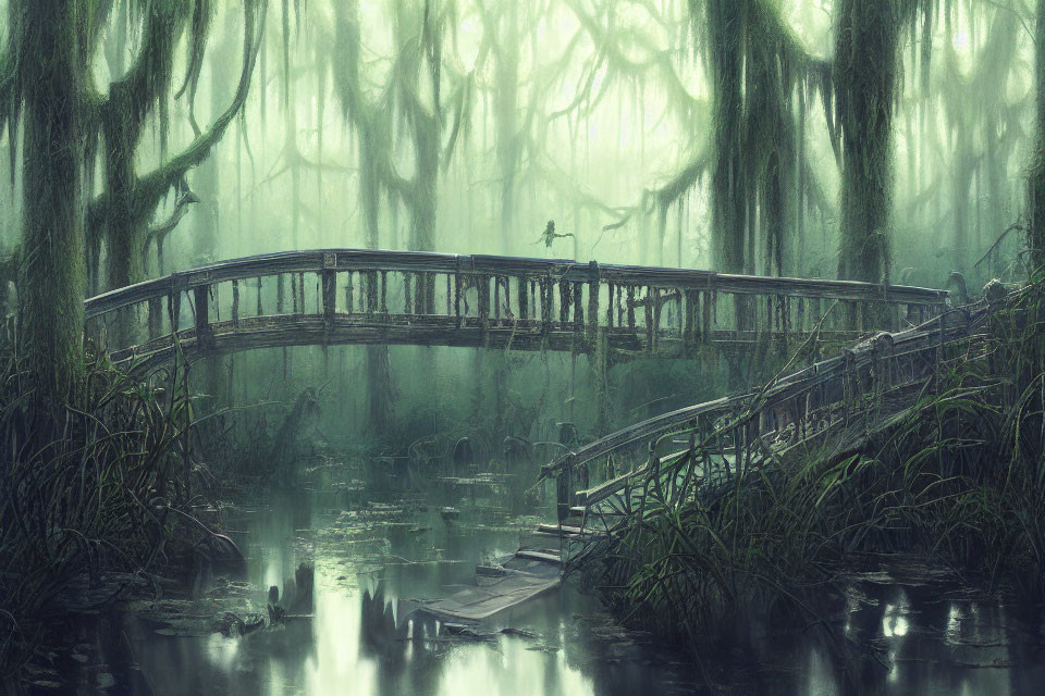 Tranquil swamp scene with moss-draped trees and mist-covered wooden bridge