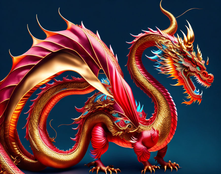 Majestic red and golden Chinese dragon artwork on blue background