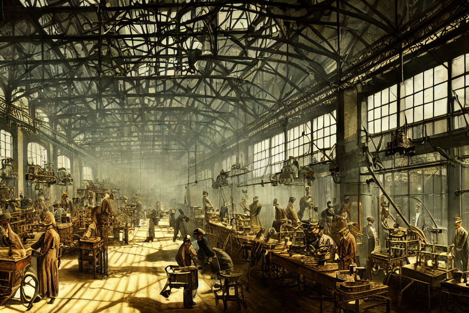 Industrial age factory interior with large windows, high ceilings, and workers operating machines.