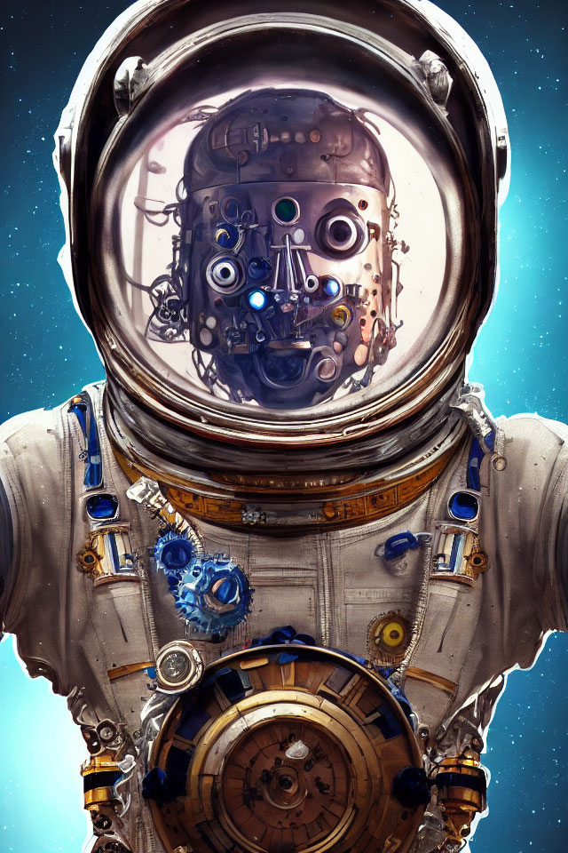 Robotic-faced astronaut suit against starry sky