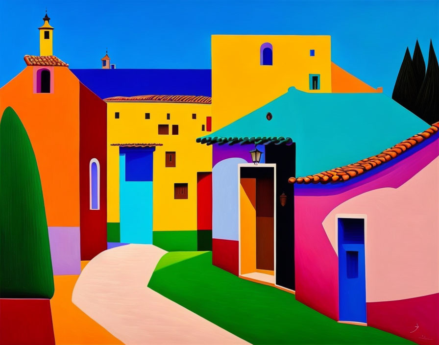 Vivid surreal village scene with colorful geometric buildings