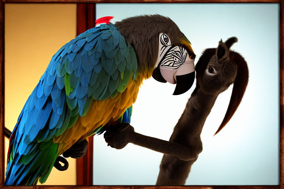 Colorful parrot and brown donkey in whimsical style on warm background