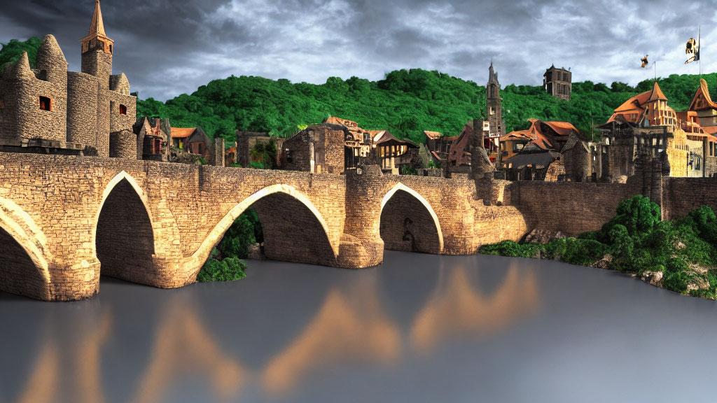 Medieval town with stone buildings, arched bridge, river, green hills, cloudy sky